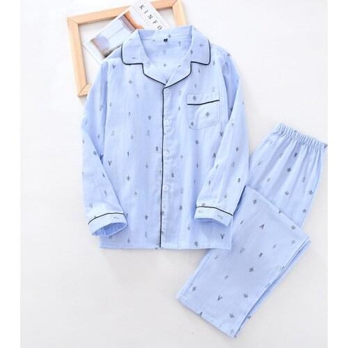 2020 New Mens Long Sleeve Cotton Pajamas Turn-down Collar Elastic Waist Nightwear Thin Casual Men Sleepwear Home Sleeping Suits