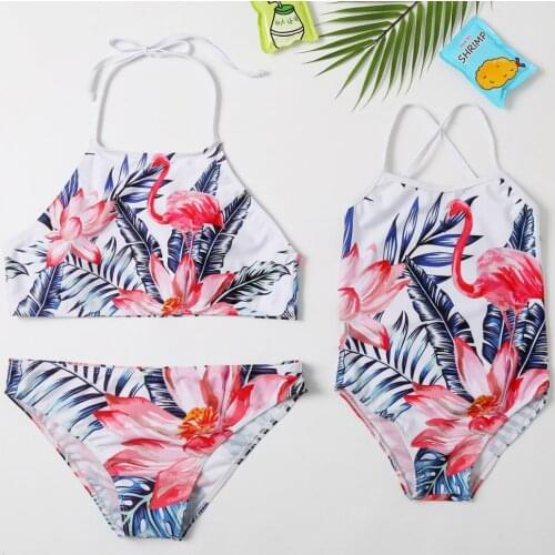 2020 New Beachwear Mum and Me Bikini Flamingo Swimsuit Halter Girl and Women Bikini Set Family Match Swimwear