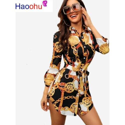New Print Ladies Dress Sexy Nightclub Short Dress Bend Hem Chain Print Belt Casual Shirt Dress Variety Optional