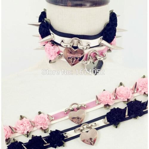 100% Handcrafted Lolita Kawaii Double Row Leather Choker Clear Spikes Spiked Flower Choker Safe heart Lockable Collar Necklace