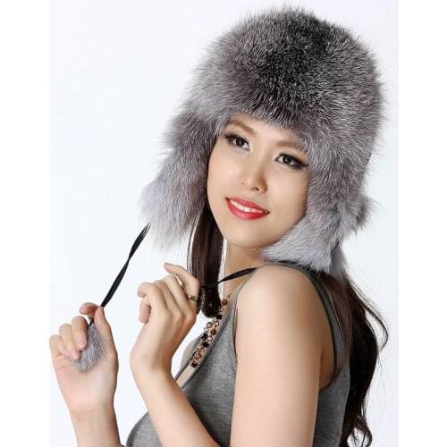 Luxury Winter Ladies' Genuine Real Fox Fur Bomber Hat Womens Fur Cap Headgear VF0447