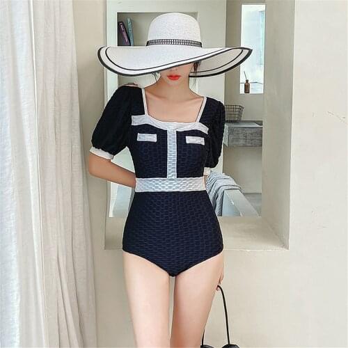 Short Sleeve One Piece Swimsuit Women Solid Black Swimwear Dress Suit Monokini Pockets Bathing Suit Pads Korea Style Puff Jersey