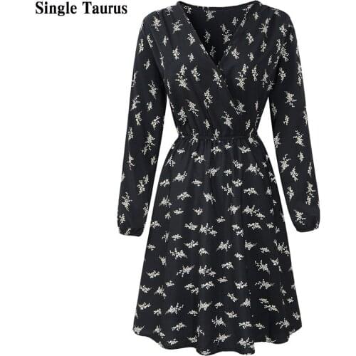 Spring Fall Chiffon Female Dress Long Sleeve V Neck Sexy Floral Print Dress for Women Fashion Casual Lady Elegant Vestido De