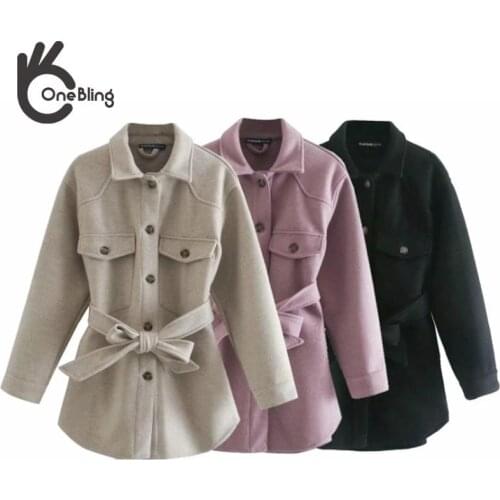 OneBling Za Women 2021 Fashion With Belt Loose Woolen Jacket Coat Vintage Long Sleeve Side Pockets Tra Female Chic Overcoat