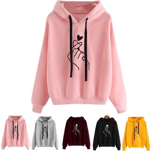 Womens Harajuku Running Hoodies Autumn Long Sleeve Gym Sport Pullovers Casual Kpop Finger Heart Love Print Hooded Sweatshirts