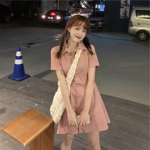 Dress Summer New Style Korean College Style Temperament Was Thin Single-breasted Polo Collar Short-sleeved Shirt Dress Women