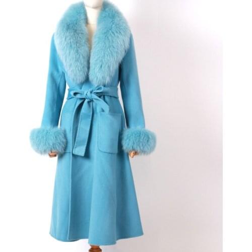 Fox ladies fur wool collar women real 100% woollen coat