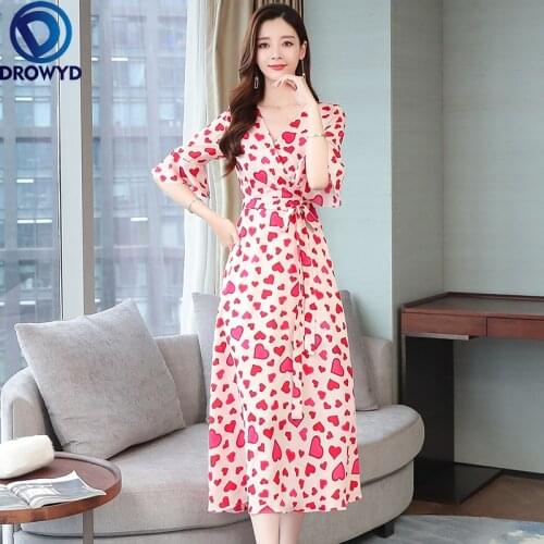 Red Retro Printed Heart V-neck High Waist Chiffon Fashion Dress Women Vintage French Long Dresses 2021 Summer Vestidos De Mujer
