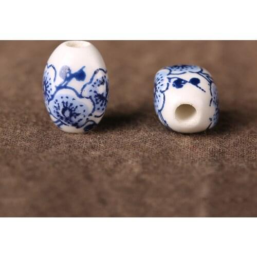 10pcs/lot 9*11*12mm Handmade Oval Rhombus Ceramic Beads Big Hole Flower Blue And White Porcelain Beads DIY Jewelry Making