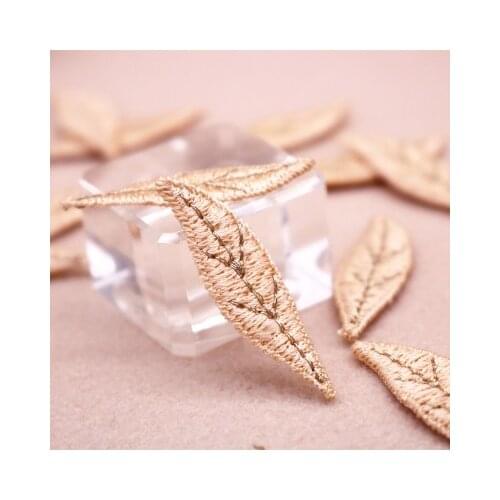 24pcs 1X4cm Champagne Embroidered Cloth Patch Small Leaves Flower Ppatches Lace Applique Wedding Dress Costume Diy Fabric