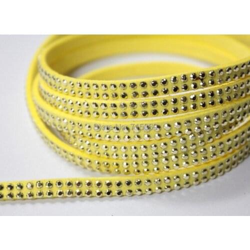 Free Ship 100 Meterse 5mm*1.5mm Yellow Flat Faux Suede Leather Cord With Two Lines Silver Studs