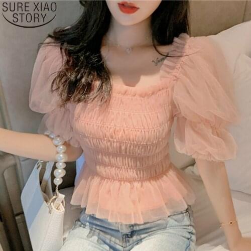 Blusas Mujer De Moda 2021 Women Summer New Puff Short Sleeve Blouse Thin Short Elegant Mesh Off Shoulder Sweet Blouses 10026