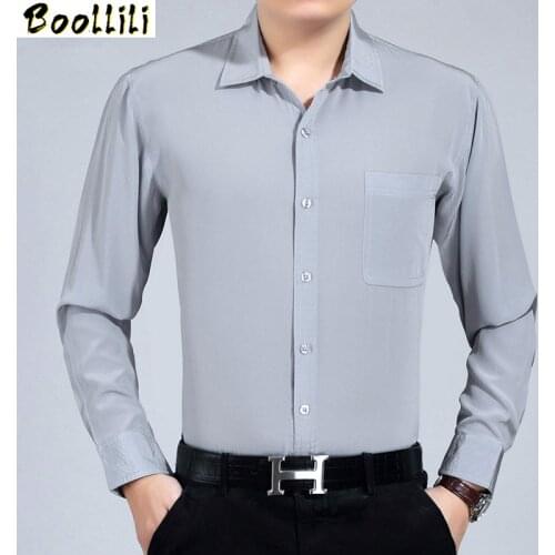 Boollili 100% Silk Summer Men Shirt White Black Long Sleeve Shirt Formal Mens Dress Shirts Plus Size Camisa Hombre