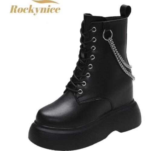Autumn 2021 Thick Heel Ankle Boots Chunky Sneakers Women High Heels Winter Platform Leather Woman Shoes 10cm Wedges Chain Boots