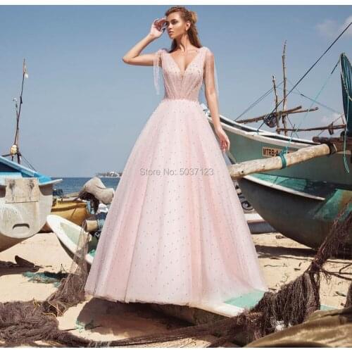 Full Beading Light Pink Wedding Dresses A Line Sleeveless Bridal Wedding Gown Backless Floor Length Deep V Neck Vestido De Noiva