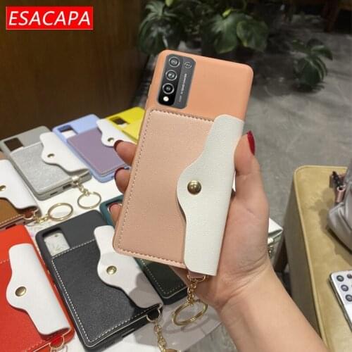 Wallet Card Holder Phone Case For Huawei Honor 10X Lite V40 Soft TPU Shockproof Lanyard Cover For Huawei P Smart 2021 Y9A Y7A