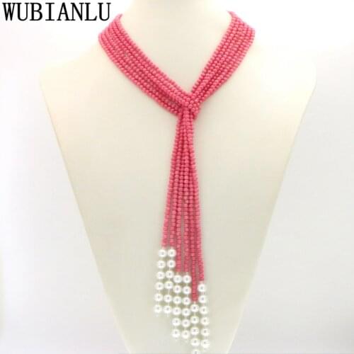 WUBIANLU Beautiful Fashion 50 Inch 3 Shares Pink Coral Freshwater Pearl Long Necklace Women In Pendant Necklaces