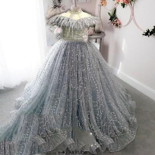 Caustom made grey bead gown children girls party dress