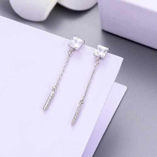 Square Crystal with Long Tassel Drop Earrings for women 925 Sterling Silver Streamline type fine Jewelry MUXUEYAN