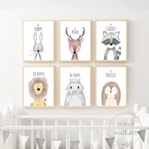 Woodland Animals Canvas Painting Art Posters and Prints Wall Nursery Decor Hippo Lion for Kids Room Decoration