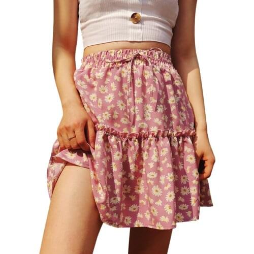 Summer Floral Print Mini Skirt Women 2021 Fashion High Waist Lace-up Girls Fresh And Sweet Sexy Ladies Pleated Short Skirt