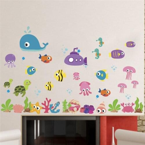 Cartoon Whale Fish Sealife Wall Stickers For Kids Room Bathroom Glass Decoration Under Sea World Mural Art Diy Pvc Home Decals