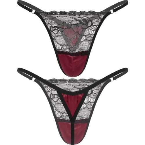 Mens Satin Lingerie Underwear Sexy Panties Lace Patchwork G-string Briefs T-back Thongs Jockstrap Under Wear Underpants