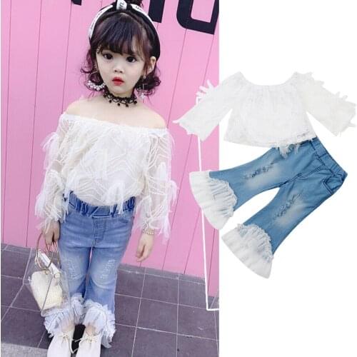 1-6Y Fashion Kids Baby Girl Summer Clothing Set Girl 2Pcs Outfits White Lace Off Shoulder Tops+Patchwork Jeans Long Pants