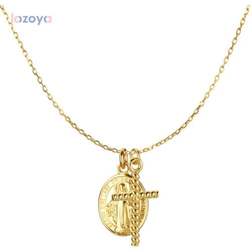 LOZOYA 925 Sterling Silve Gold Cross Oval Necklace Collar Double Pendent Long Chain 2021 European Rock Punk Thicker Big Jewelry