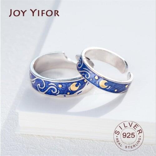 Prevent Allergy Moon Starry Night Van Gogh Couple Rings Art Jewelry Real Pair Rings For Women Man Lovers Best Gift