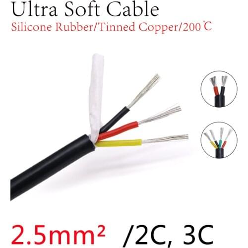 Square 2.5mm Ultra Soft Sheath Wire 2 3 Cores Silicone Rubber Cable Insulated Flexible Copper High Temperature Power Line Black
