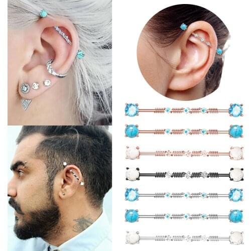 1PC 14G 316L Surgical Steel Industrial Barbell Stone Round CZ Earrings For Women Men Cartilage Helix Body Piercing Jewelry 38mm