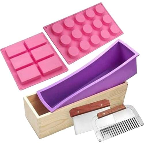 Silicone Soap Molds Loaf Wooden Box, Round Rectangular Loaf Mold Wavy Straight Scraper for Handmade Soap Wax Candle Making Tool