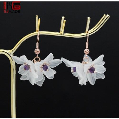 SJMADE Korean Fashion White Acrylic Flower Dangle Earrings 585 Rose Gold Personality Earring Hook For Women Wedding Jewelry Gift