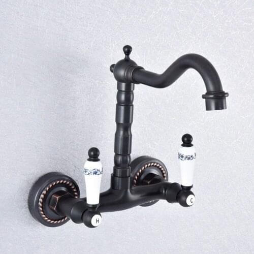 Kitchen Wet Bar Bathroom Vessel Sink Faucet Black Oil Rubbed Brass Wall Mounted Swivel Spout Mixer Tap Dual Ceramic Lever msf746