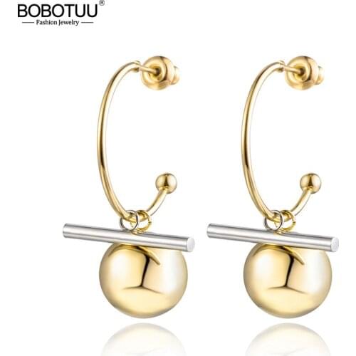 BOBOTUU Bohemia Titanium Steel Balls And Columns Geometry Earrings Jewelry Trendy Rose Gold Color Stud Earring For Women BE18012