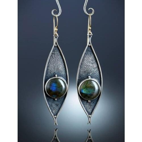 Vintage Blue Opal Resin Stone Earrings For Women Ethnic Tribal Antique Silver Brincos Handmade Metal Fish Hanging Dangle Earings