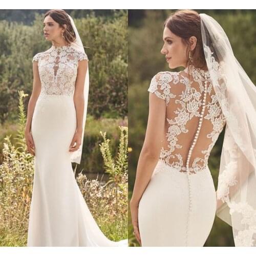 Wedding Dress High Neck Mermaid Beach Lace Appliques Vintage Civil Rome De Mariee Fishtail Boho Zipper Button Elegant