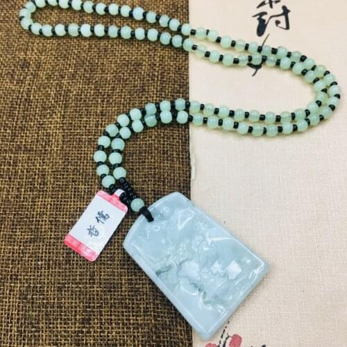 Zheru pure natural Jadeite carved light green green mountain green water pendant with green bead necklace sweater chain