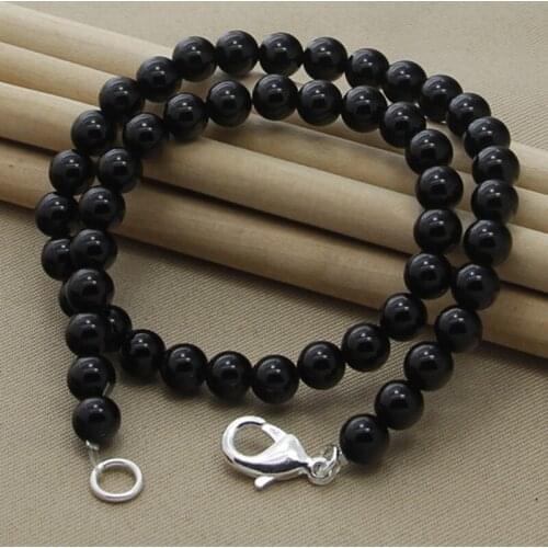 925 Silver Buckle Black Agate 8mm Beaded Chain Necklace For Women Wedding Engagement Jewelry Gifts