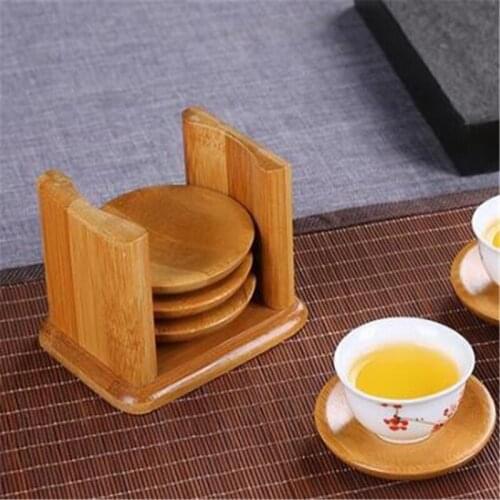 Bamboo Coaster And Holder Set Hot Sale Non-slip Heat-resistant Square Drinking Cup Mat Home Office Meeting Room Accessories