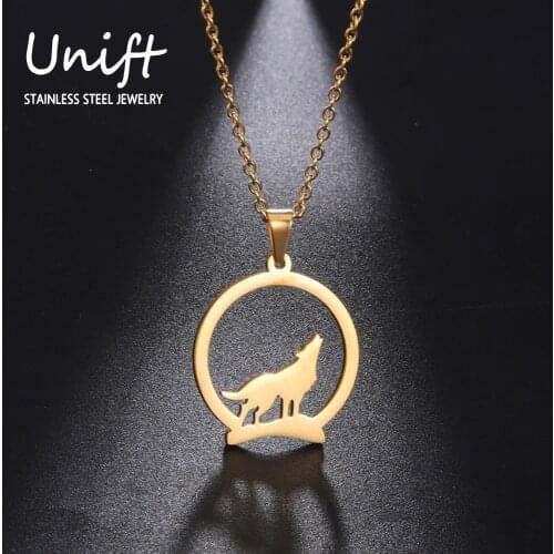 Unift Howling Wolf Animal Pendant Necklace for Men Women Charm Punk Stainless Steel Choker Fashion Neck Chain Jewelry Gifts