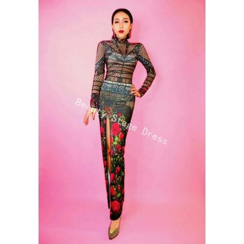 Black Rhinestones Cheongsam Dress Skinny Evening Wear Flowers Dress Womens Prom Birthday Celebrate Dresses