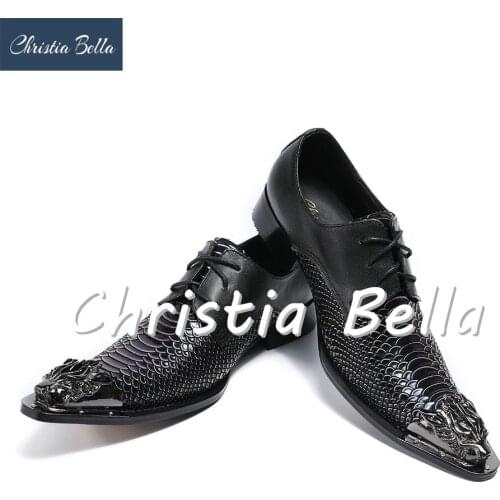 Christia Bella Mens Fashion Black Business Style Dress Shoes for Men Brand Designer Lace-up Genuine Leather Oxfords Shoes