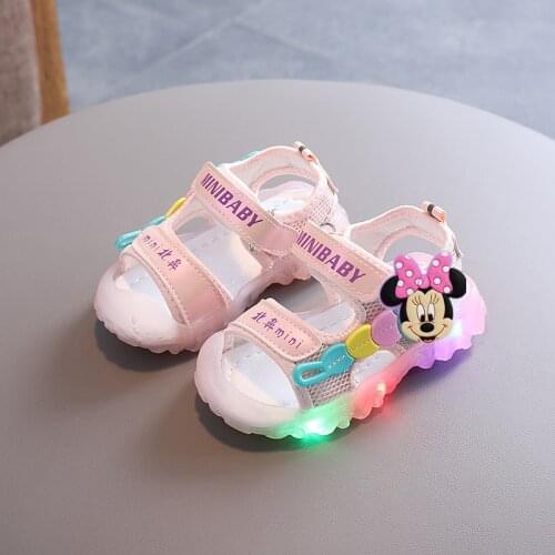 Disney Minnie baby light-up sandals kids children shoes boys and girls beach shoes Mickey mouse LED toddler shoes