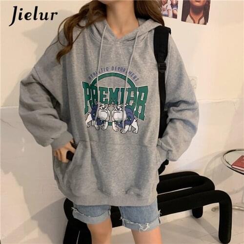 Jielur Winter Warm Fleece Hoodies Women White Grey Cartoon Print Sweatshirt Loose Harajuku Cool Pocket Female Pullover 2021 M-XL