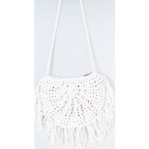Kavshak Yarım Daire Püsküllü Örgü Plaj Çanta -Beyaz
