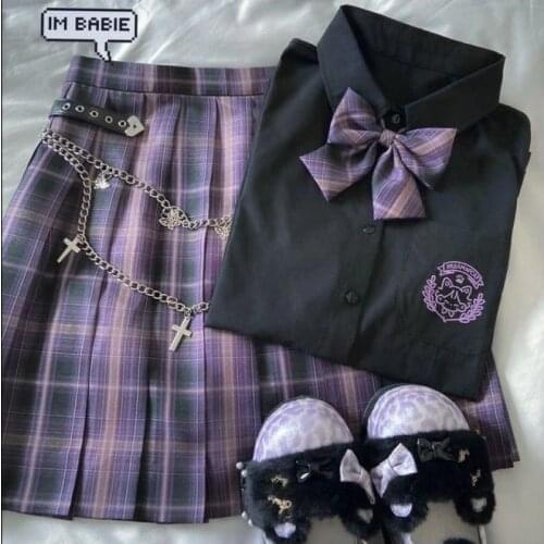 Japanese Harajuku 3 Piece Set Plaid Mini Women Skirt School Uniforms Skirt A-line Sweet High Waist Women JK Kawaii Suits & Sets