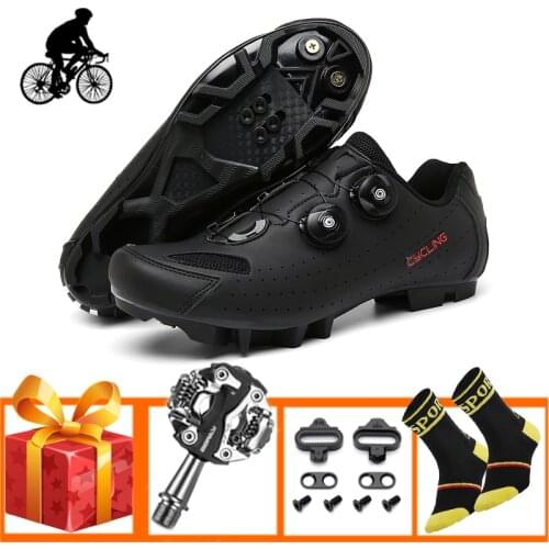 Athletic MTB Cycling Sneakers Mens Sapatilha Ciclismo Mtb Flat Shoes Add SPD Pedals Outdoor Self-locking Breathable Footwear