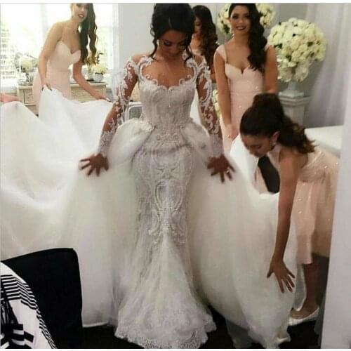 Full Lace Retro Wedding Dresses with Detachable Tulle Overskirt Jewel Neck Sheer Long Sleeves Pearls Embroidery Bridal Gown